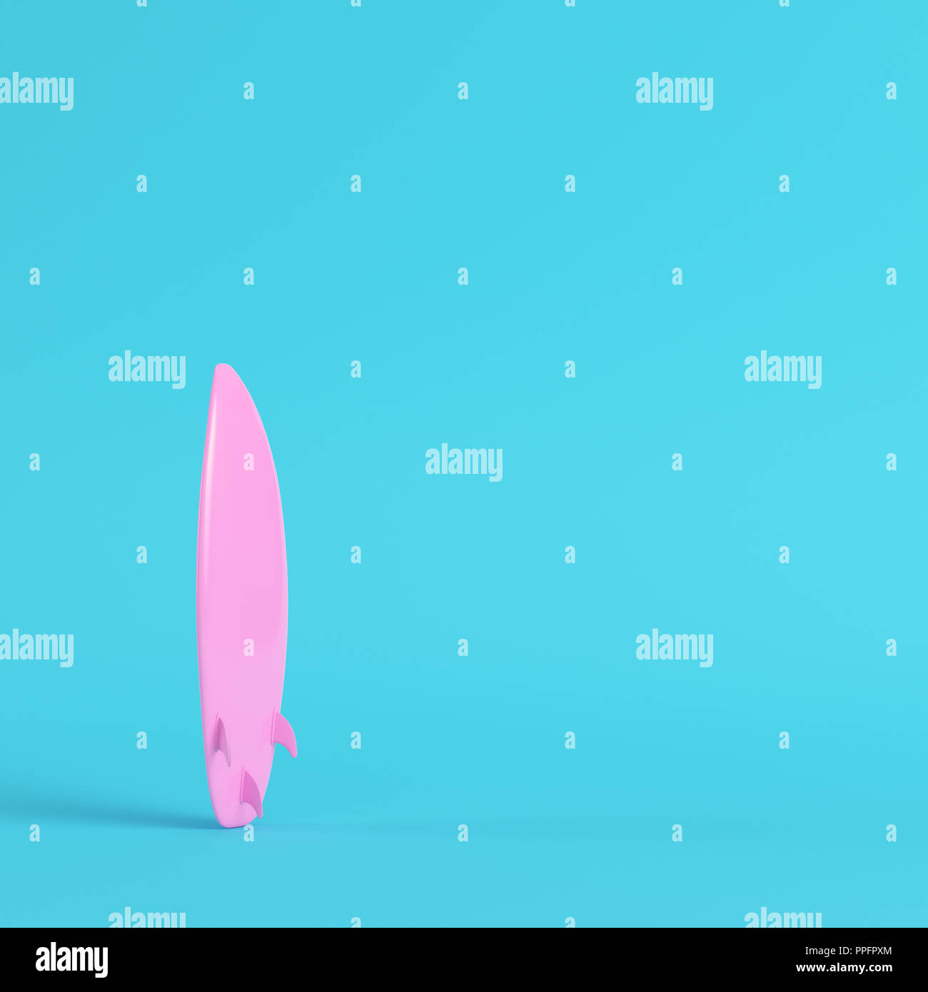 Tabla de surf rosa sobre fondo azul brillante en colores pastel. El