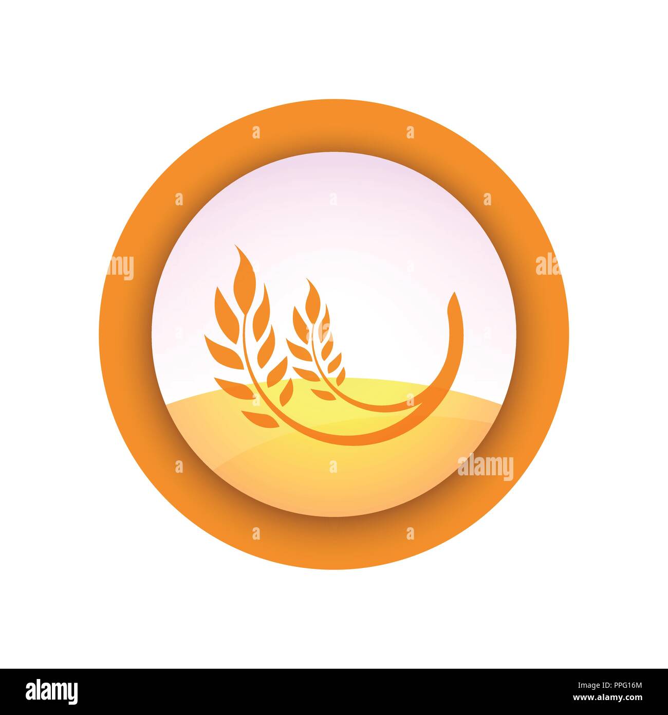 Granja emblema con espiga de trigo en el campo de Fondo Vector Logo