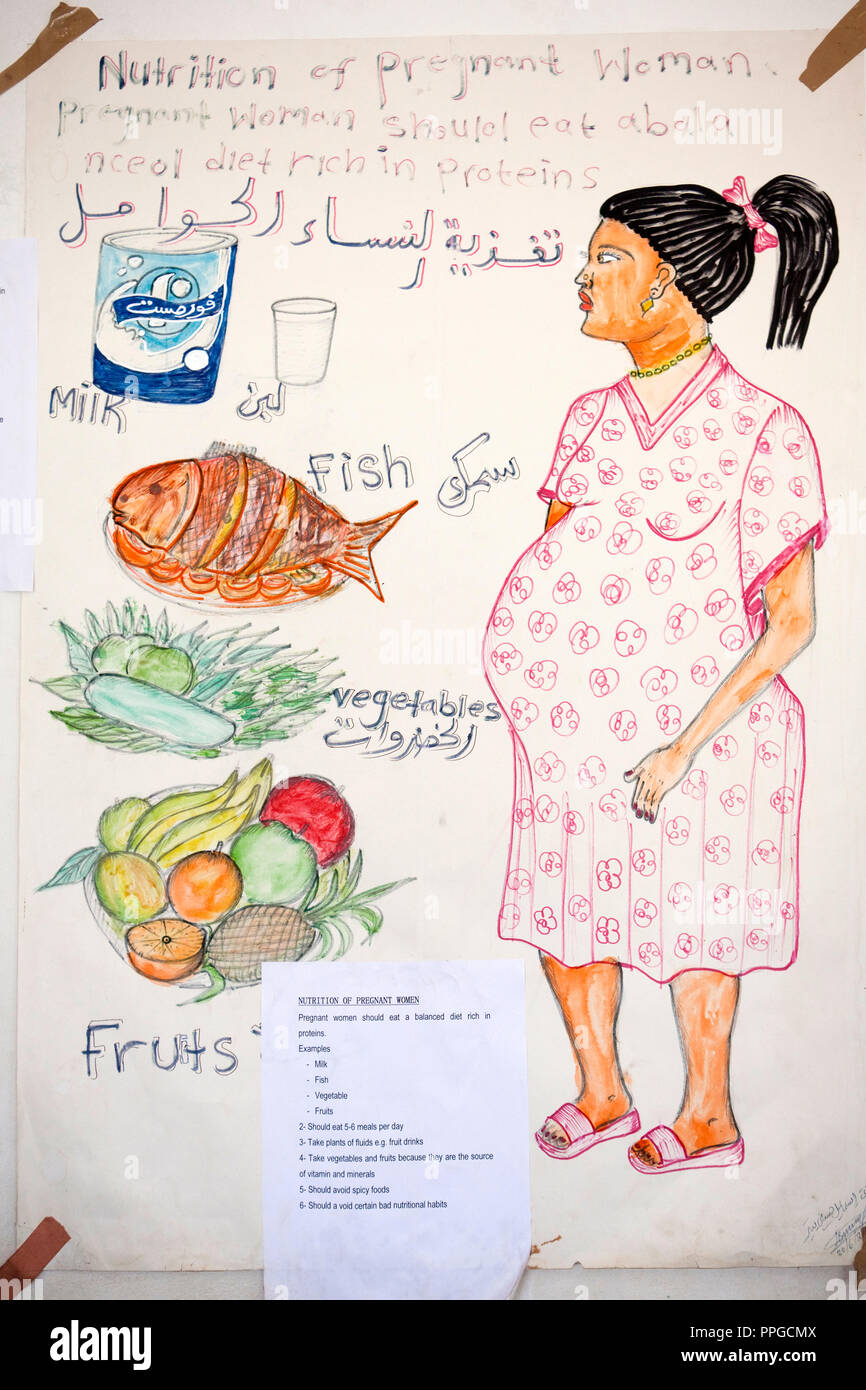 Julio 6, 2011 - Juba, República de Sudán del Sur - Educación póster de nutrición para mujeres embarazadas en el Hospital Universitario de Juba, Sudán del Sur más antigua, y por mucho, el más grande y mejor equipado en el nuevo país. Sudán del sur tiene la más alta tasa de mortalidad materna en el mundo. Uno de cada siete sudaneses del sur es probable que las mujeres mueren debido a complicaciones del parto. Apenas el 10% de los sudaneses del sur las mujeres tienen acceso a los profesionales médicos durante el parto. Crédito de la foto: Benedicte Desrus Foto de stock