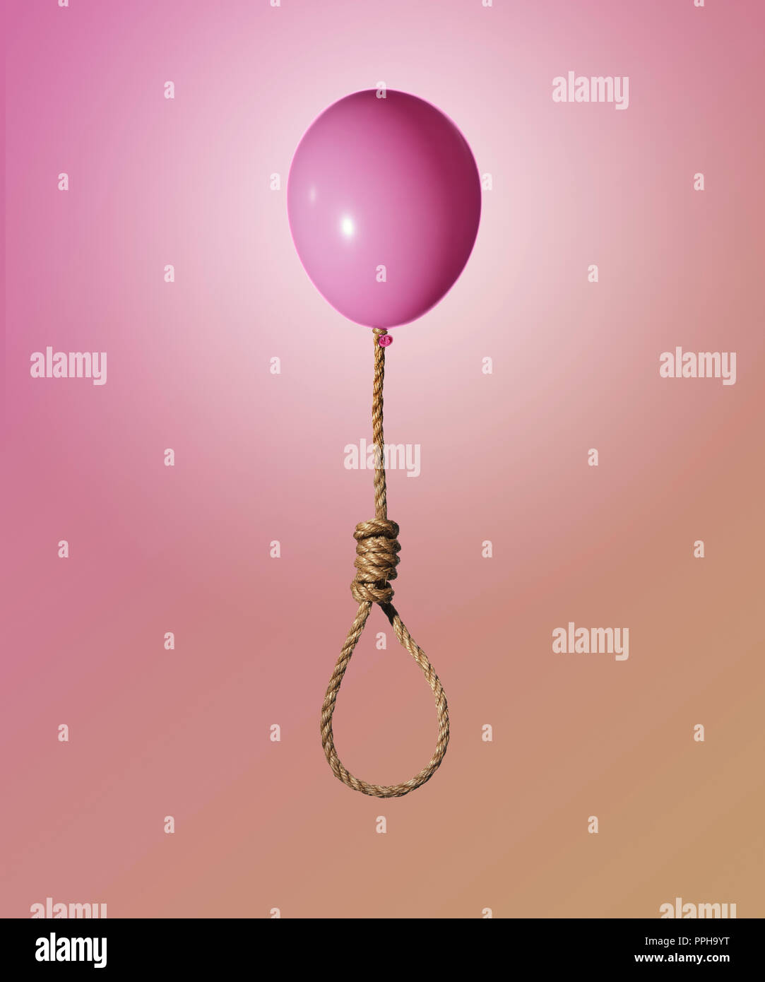 Globo rosa levantar una cuerda de yute y hangman's noose nudo concepto Foto de stock