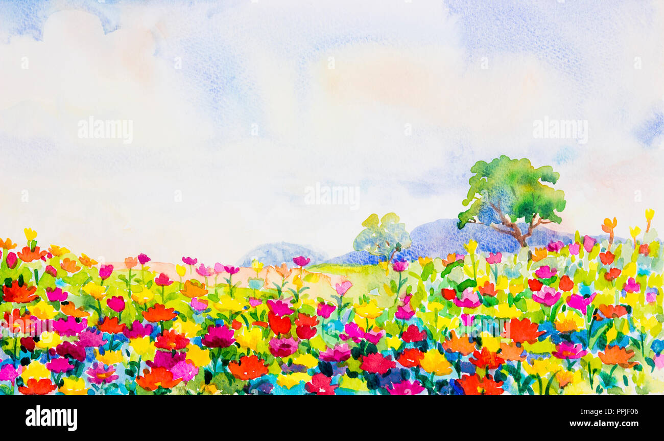 Pintura acuarela paisaje colorido original de daisy flores en el jardín