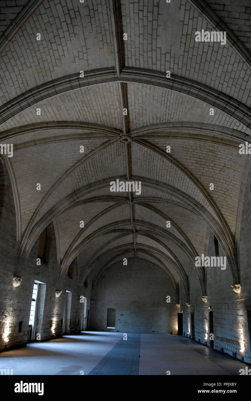 Los 46 metros de largo refectorio: comedor para 500 monjas. Es el monasterio más larga para las mujeres en Francia. El refectorio es parte de abbaye de Fontevrau Foto de stock