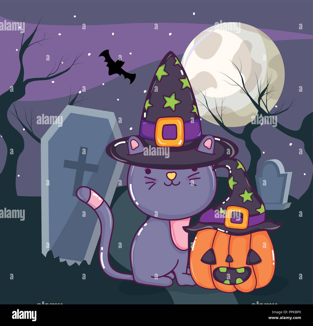 Halloween lindo gato dibujos animados Imagen Vector de stock - Alamy