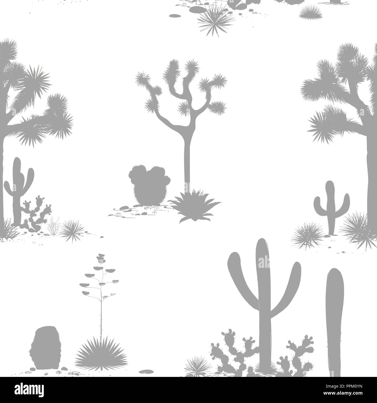 Desierto patrón sin fisuras con las siluetas de los árboles Joshua, Opuntia, y saguaro. Antecedentes de cactus. Ilustración vectorial para wallpapers, textiles, Ilustración del Vector