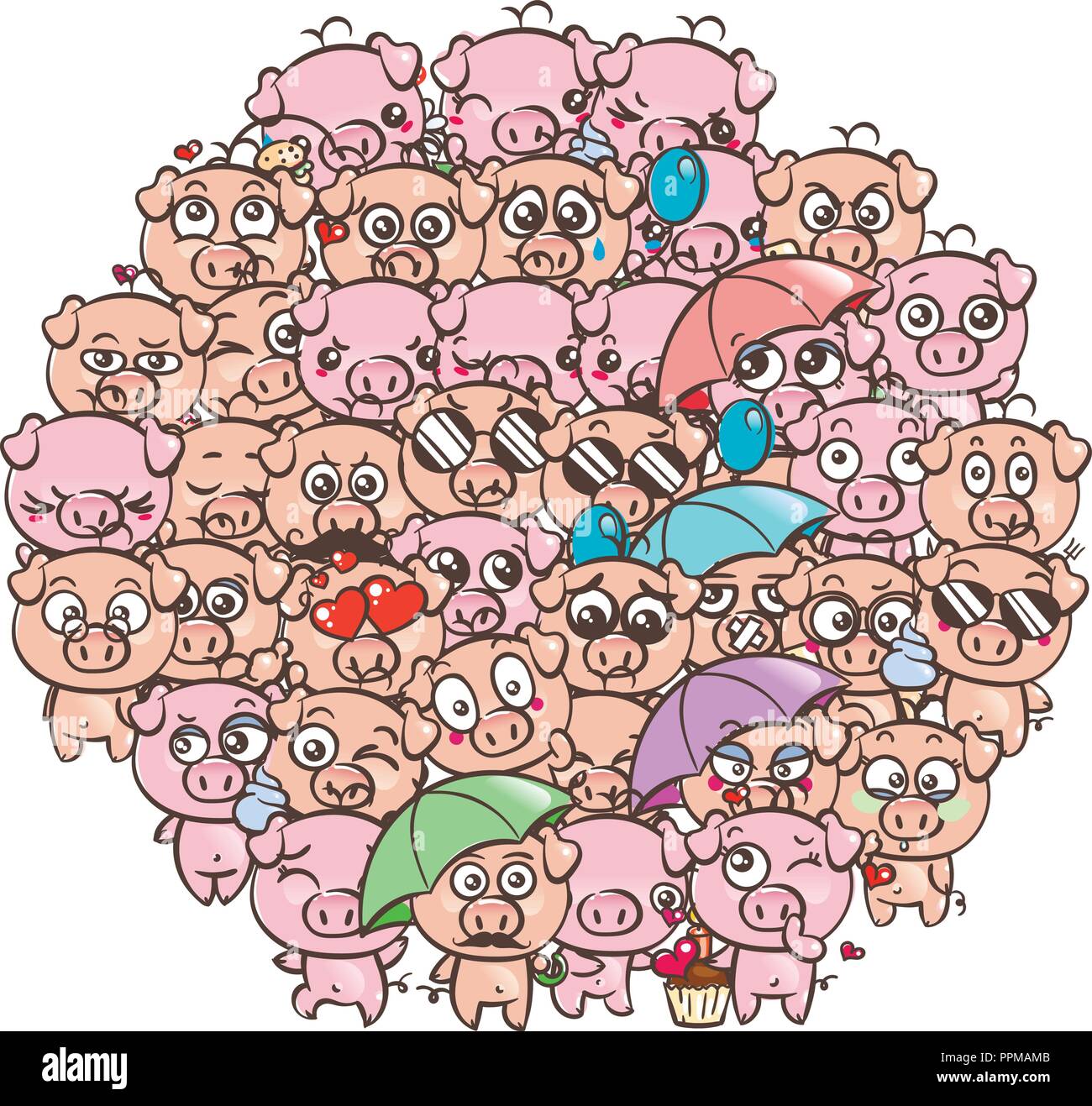 Fondo con lindos bebes lechones. Imagen de dibujos animados pastel kawaii  cerdos. Vector por dibujar a mano alzada doodle comic emoji art.  ilustración para libros, grabados, d Imagen Vector de stock -