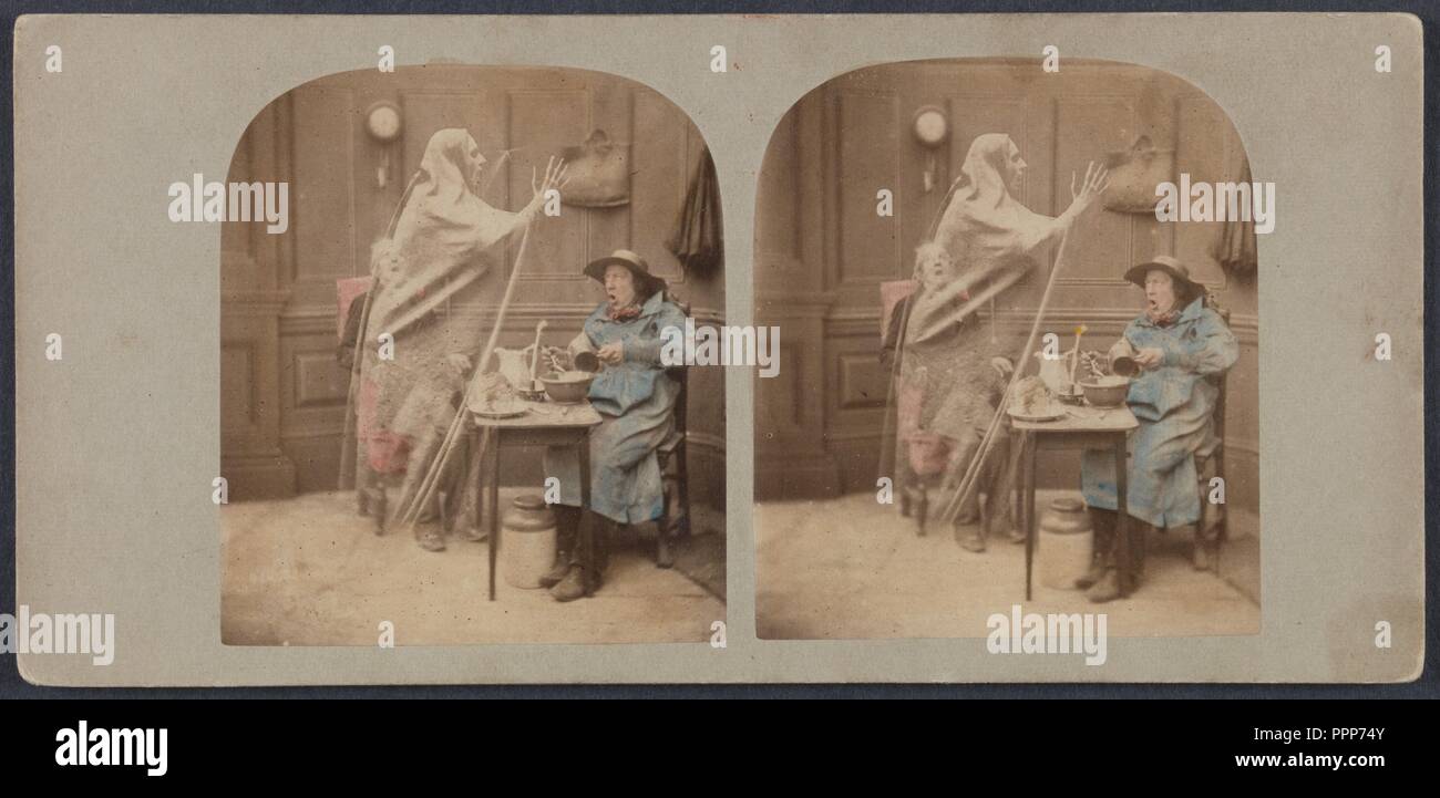 El Fantasma en el estereoscopio. Artista: Desconocido. Dimensiones: montaje: 8,6 x 17,5 cm (3 3/8 x 6 7/8 in.) Imagen: 7,8 x 6,5 cm (3 1/16 x 2 9/16 pulg.) cada uno. Publisher: London Stereoscopic Company (Británico). Fecha: ca. 1856. Fundada en 1854, la empresa fotográfica estereoscópica de Londres y fue un importante editor de stereographs-tarjetas con dos fotografías casi idénticas montadas una al lado que puede verse a través de un binocular dispositivo para crear una ilusión de profundidad. La producción de la empresa fue colosal; su catálogo 1858 lista de más de cien mil visitas. Mientras que la mayoría de ellos eran landsc Foto de stock