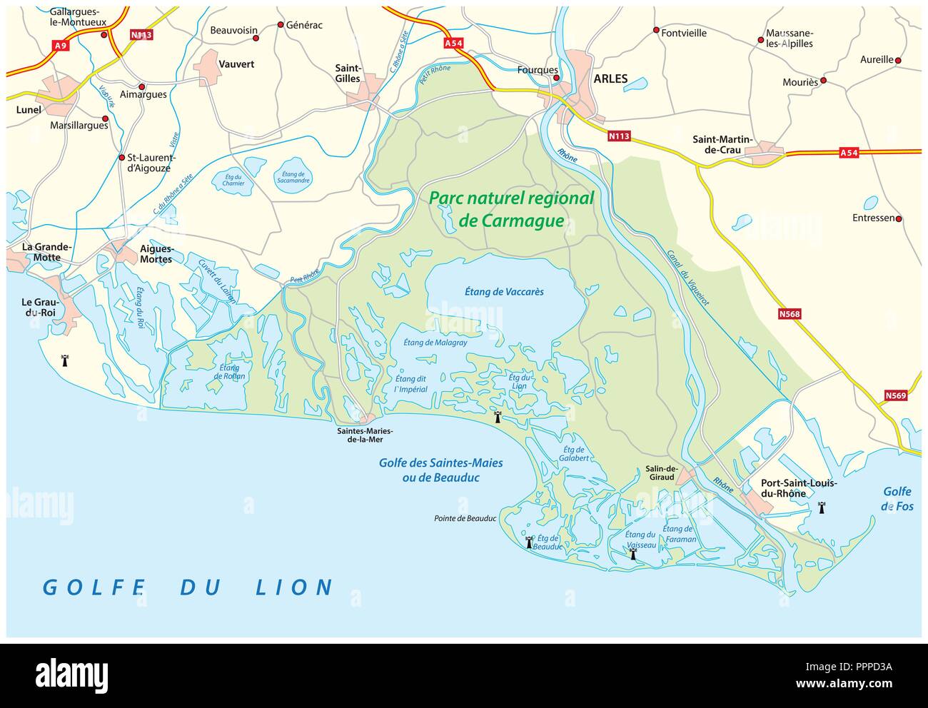 Mapa del Parque Natural Regional del Sur de Francia Camargue, Francia. Ilustración del Vector