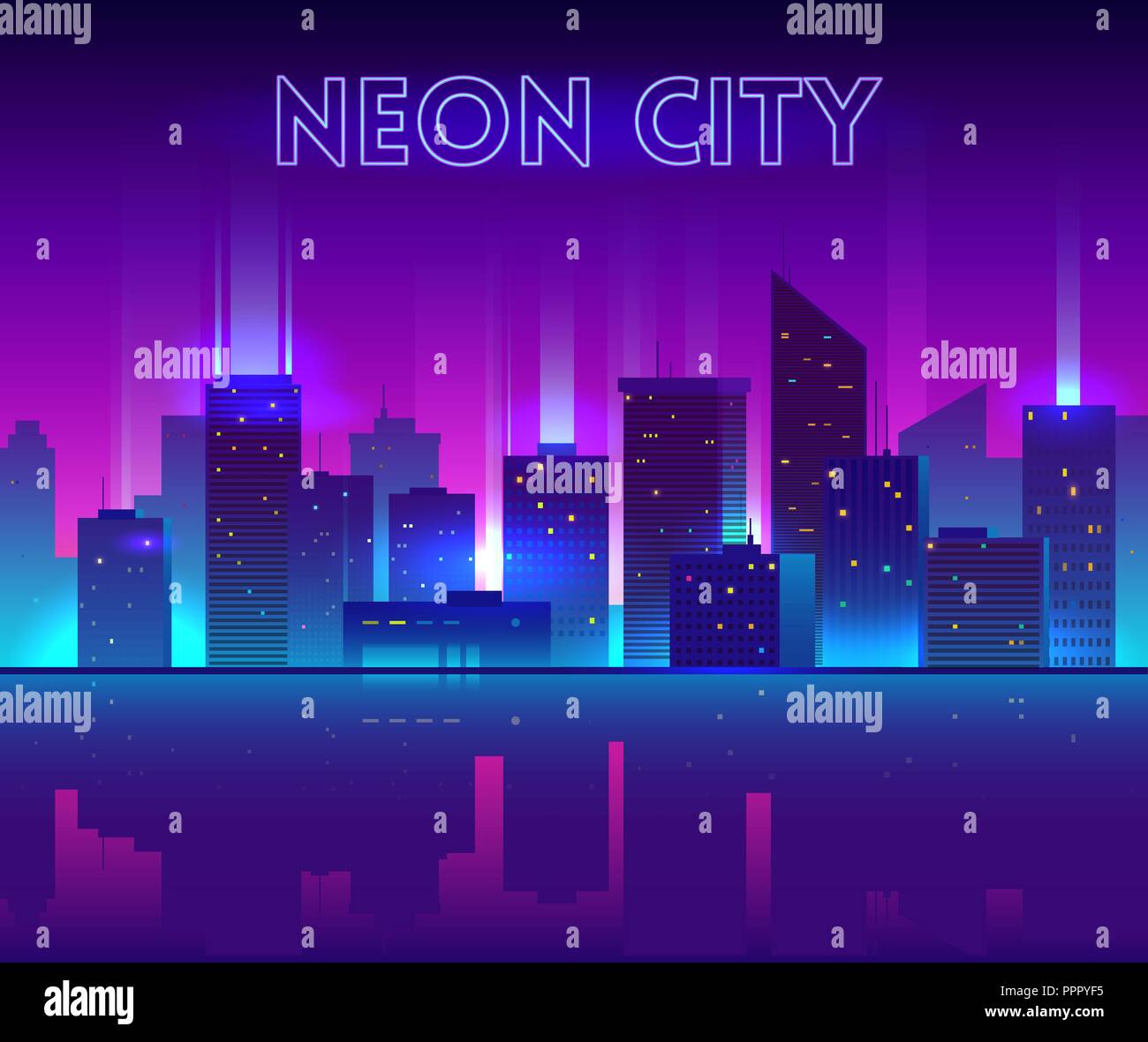 Ilustración vectorial de la ciudad de noche con resplandor de neón, colores vivos y reflexión Ilustración del Vector