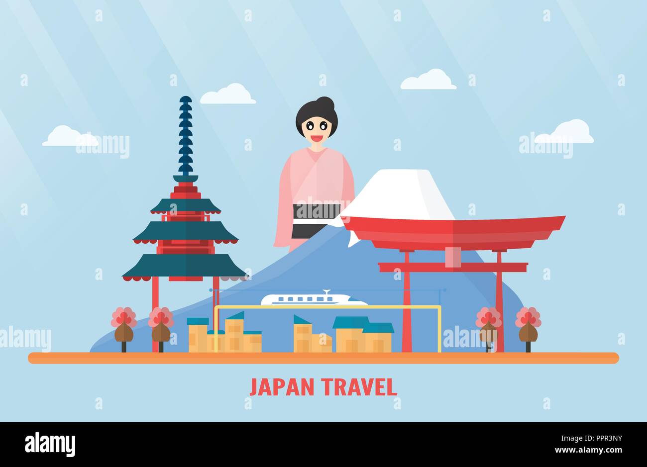 Tailandia, Udonthani - 07 Agosto 2018: Japón hitos con el Monte Fuji, Santuario Itsukushima, tren eléctrico, Sakura flor, pagoda y chica japonesa. Ve Ilustración del Vector
