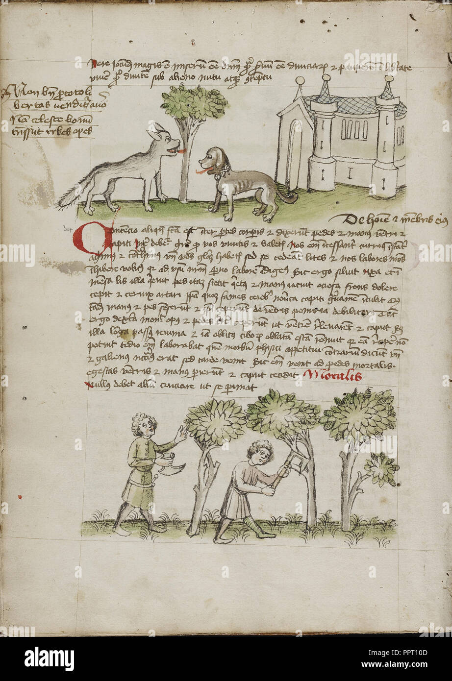 Un Lobo y un perro bajo un árbol; dos hombres cortando árboles; Tréveris, probablemente, Alemania; tercer trimestre del siglo XV; Pen y negro Foto de stock