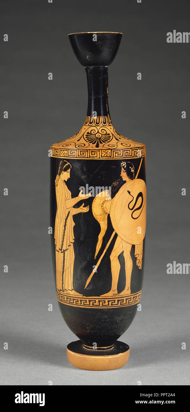 Con una jarra de aceite saliendo de Guerrero; Phiale Pintor, Griego, buhardilla, activa unos 450 - 425 a.C., Atenas, Grecia; alrededor de 450 A.C. Foto de stock