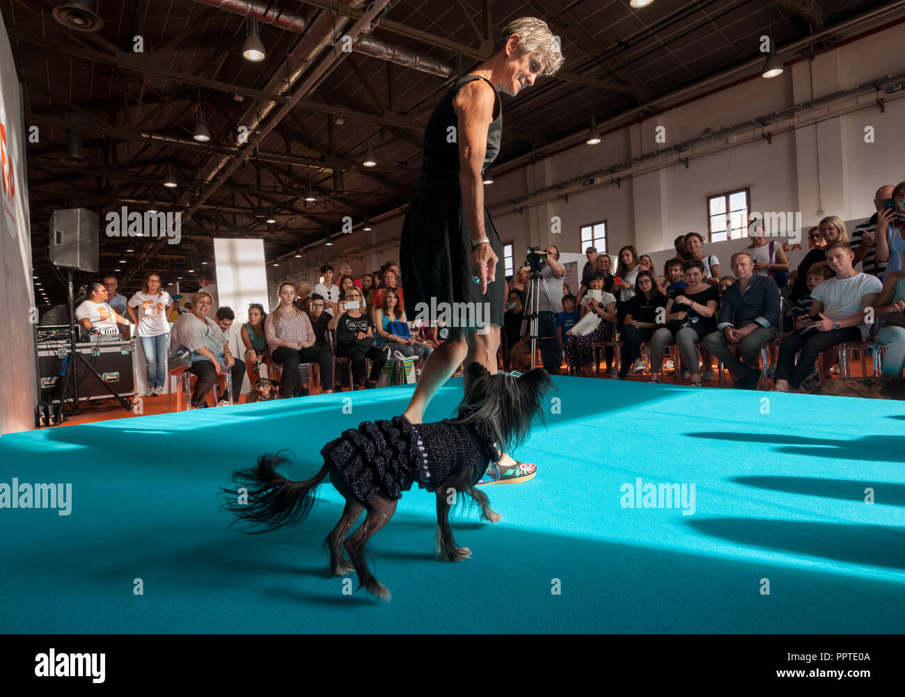 Florencia, Italia - 22 de septiembre de 2018, la pista de aterrizaje: Pet show. Haute couture de lujo para perros en la pasarela, en el "seguimiento" de su mascota de la EXPO 2018. Foto de stock
