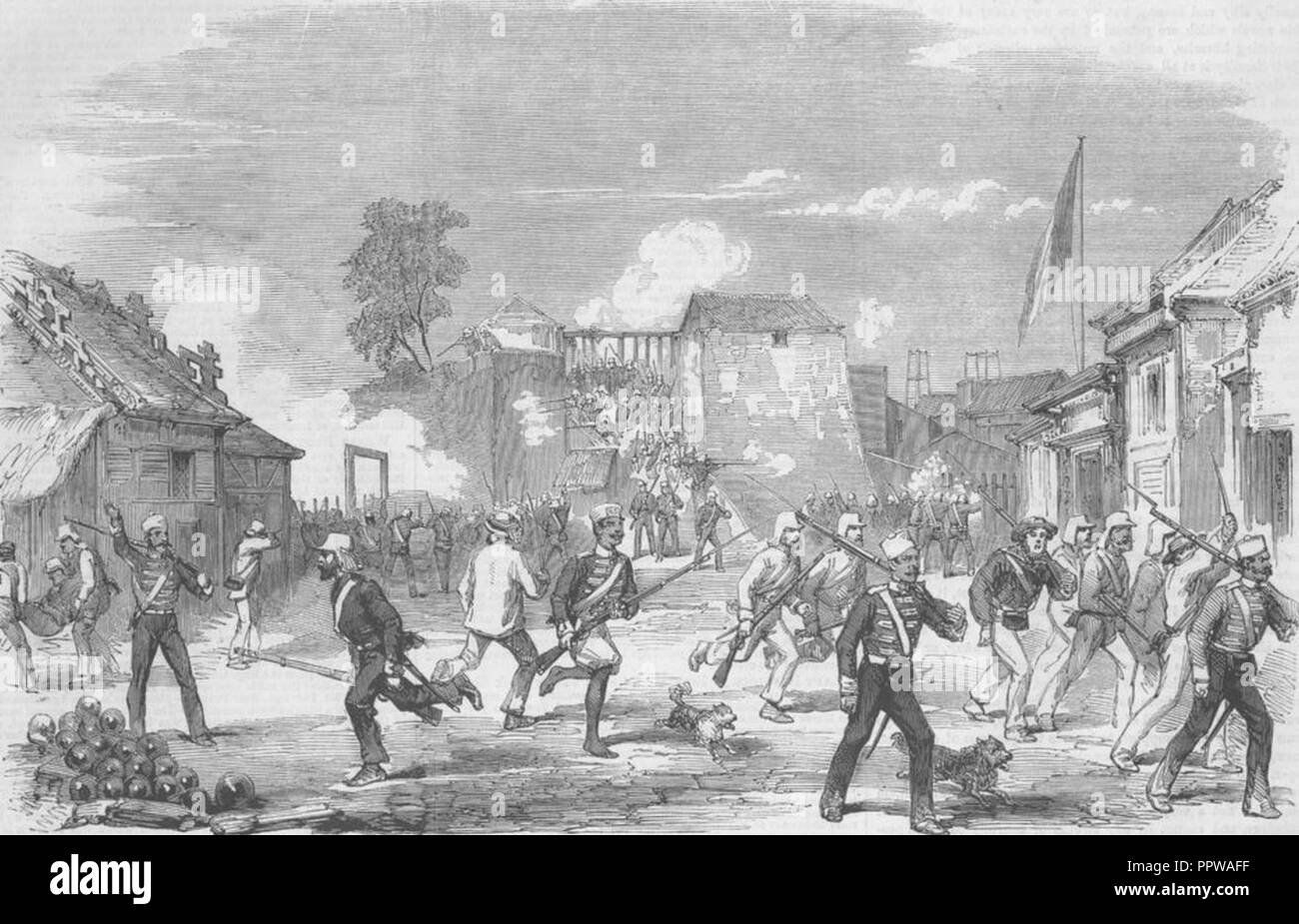 Los soldados británicos robando en la comisaría de tiendas, 1858. Foto de stock