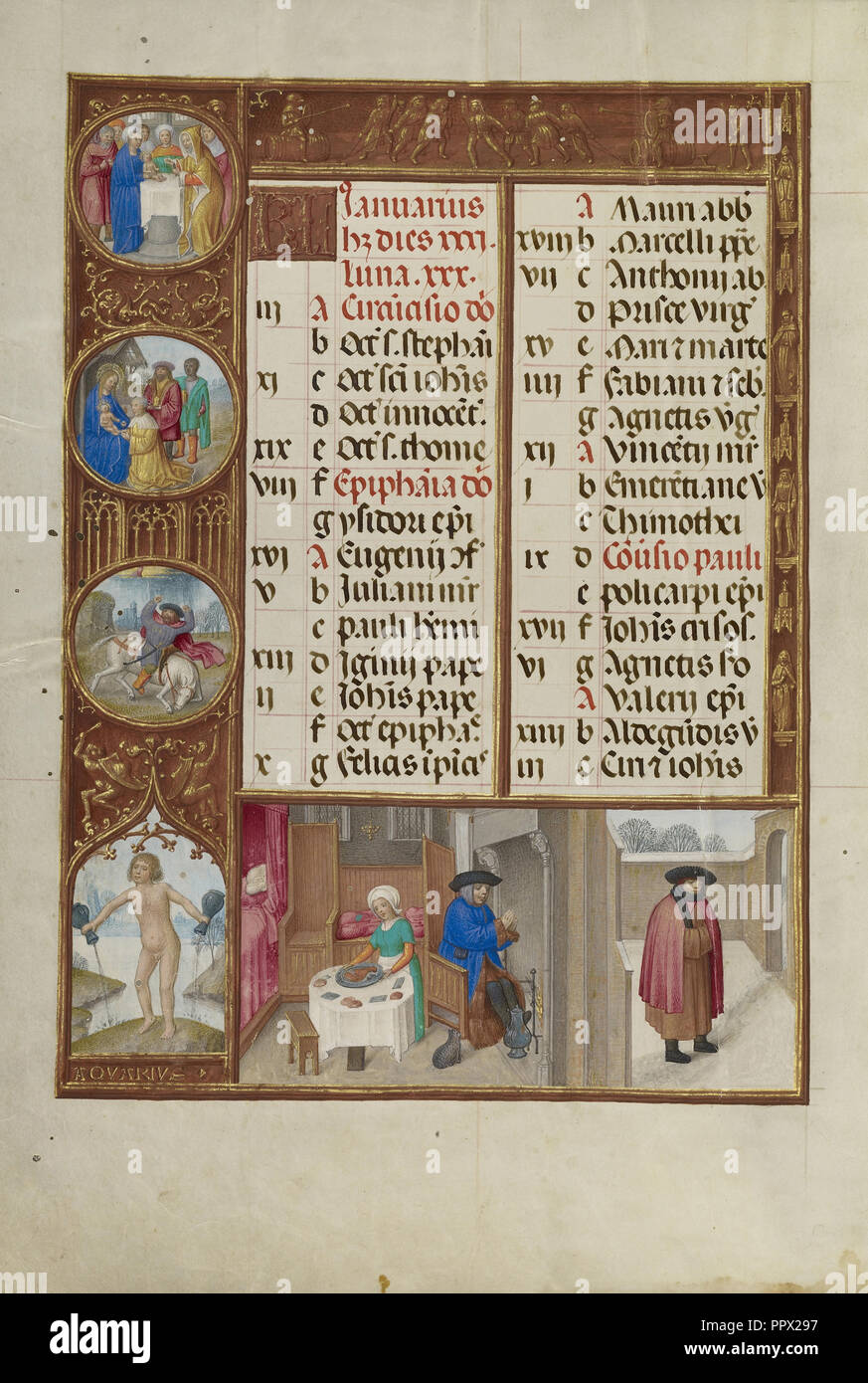 Banquete y calentamiento, signo zodiacal de Acuario; taller del maestro de James IV de Escocia, flamenco, antes de 1465 Foto de stock