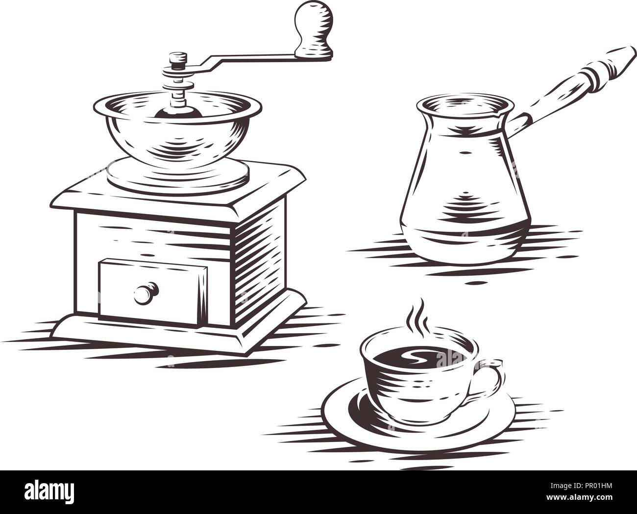 Cafetera con molinillo de café manual cafetera, prensa y taza de café. Ilustración vectorial. Ilustración del Vector