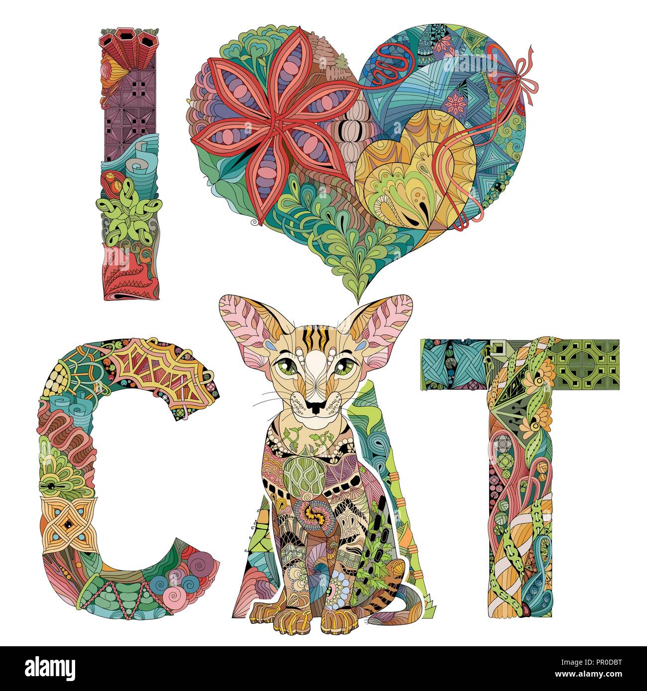 Arte diseño pintado a mano. Ilustración dibujada a mano las palabras I LOVE CAT con una figura de perro para t-shirt y otras decoraciones Ilustración del Vector