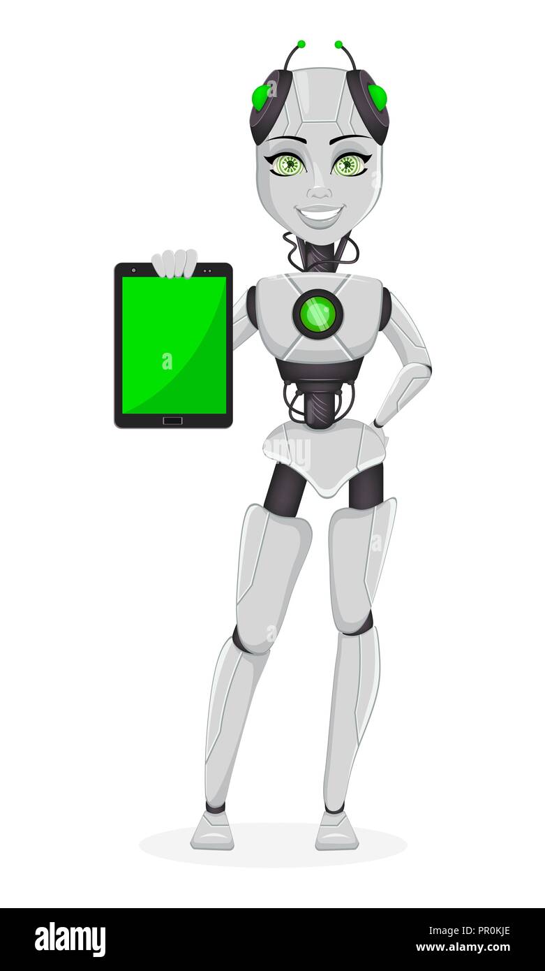 Robot con inteligencia artificial, hembra bot. Cute dibujos animados La celebración moderna de tableta. Organismo cibernético humanoide. Concepto de futuro. Vector malos Ilustración del Vector