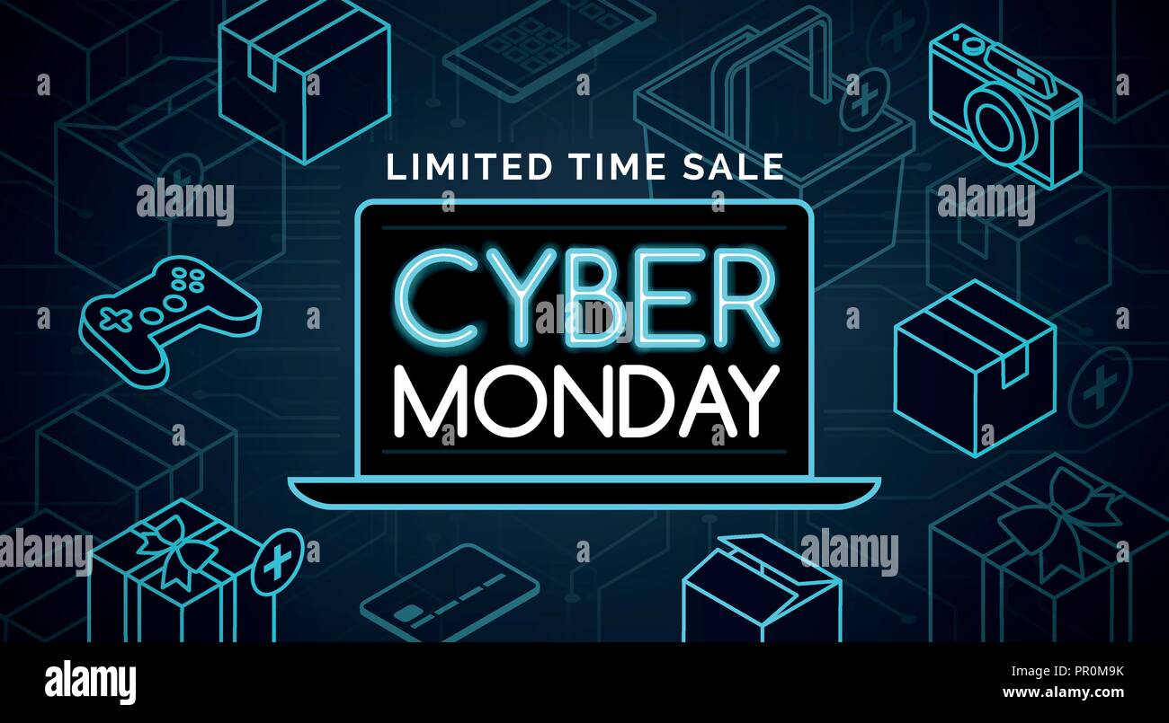 Cyber Monday venta promocional: compras online y e-commerce Ilustración del Vector