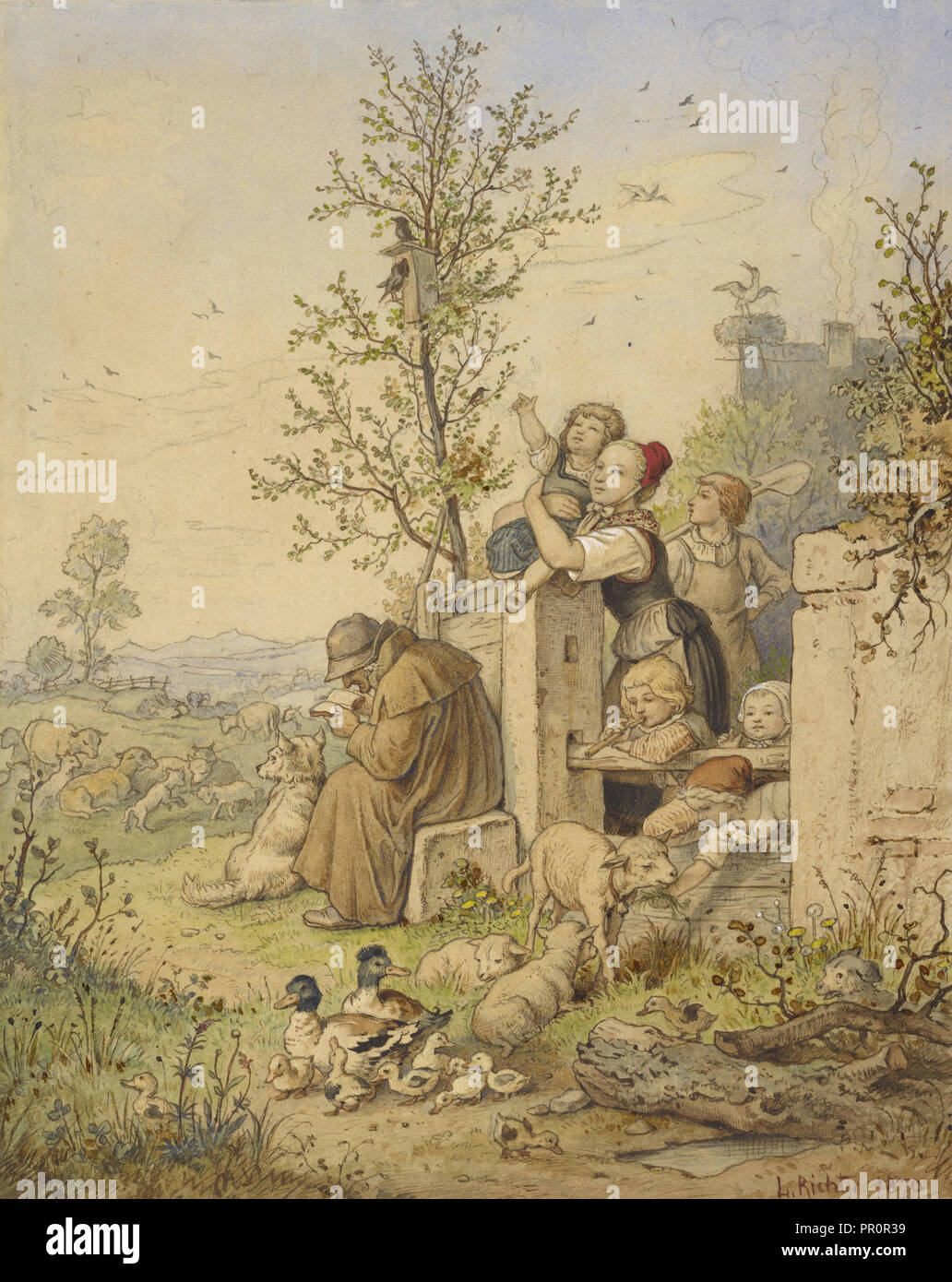 La primavera ha llegado; Ludwig Richter, Alemán, 1803 - 1884, Alemania; 1870; Acuarela, grafito, gouache y toques de Tiza roja Foto de stock