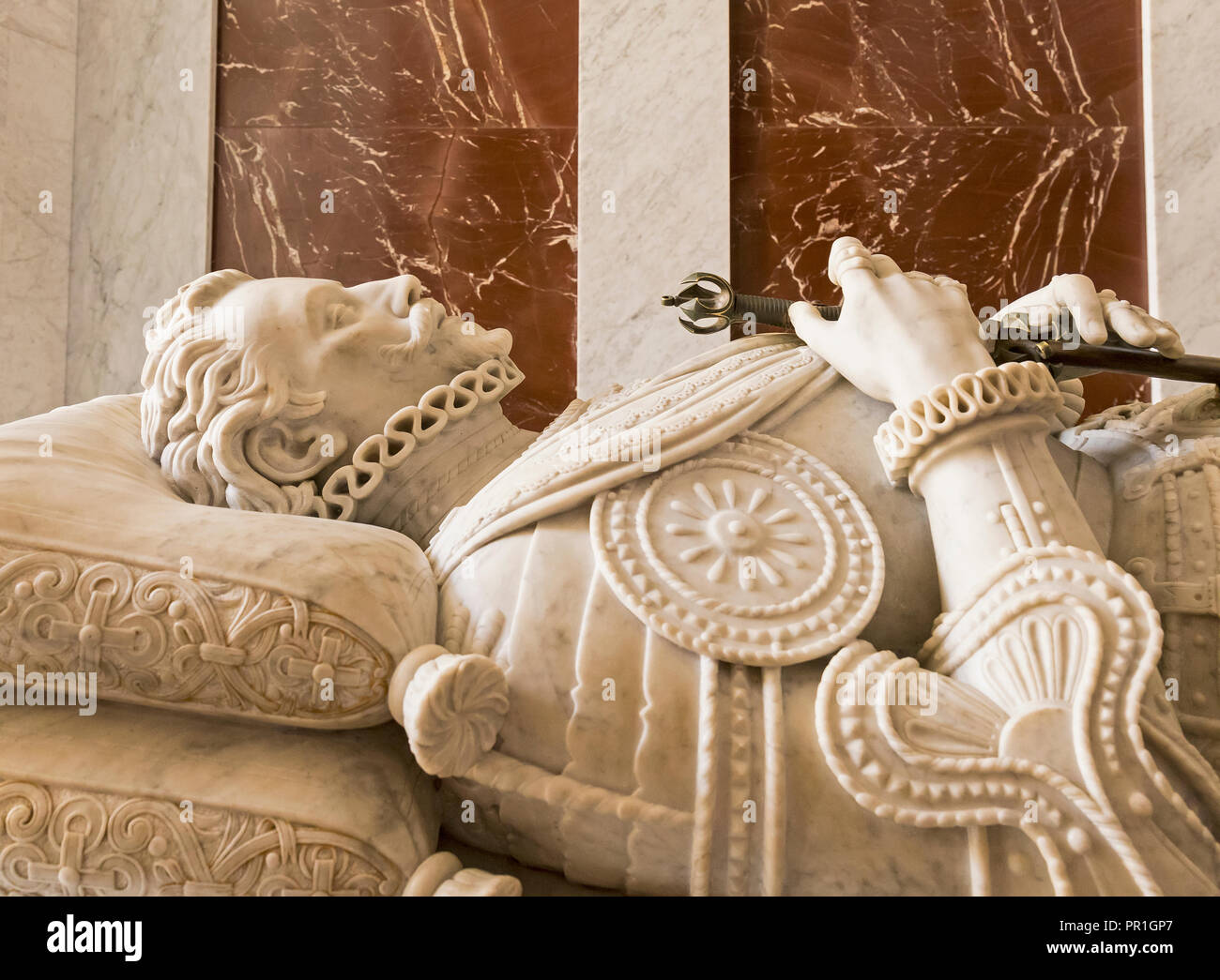 San Lorenzo de El Escorial, provincia de Madrid, España. Efigie de Juan de Austria (Juan de Austria), 1547-1578, sobre su tumba, en el monasterio de El Escori Foto de stock