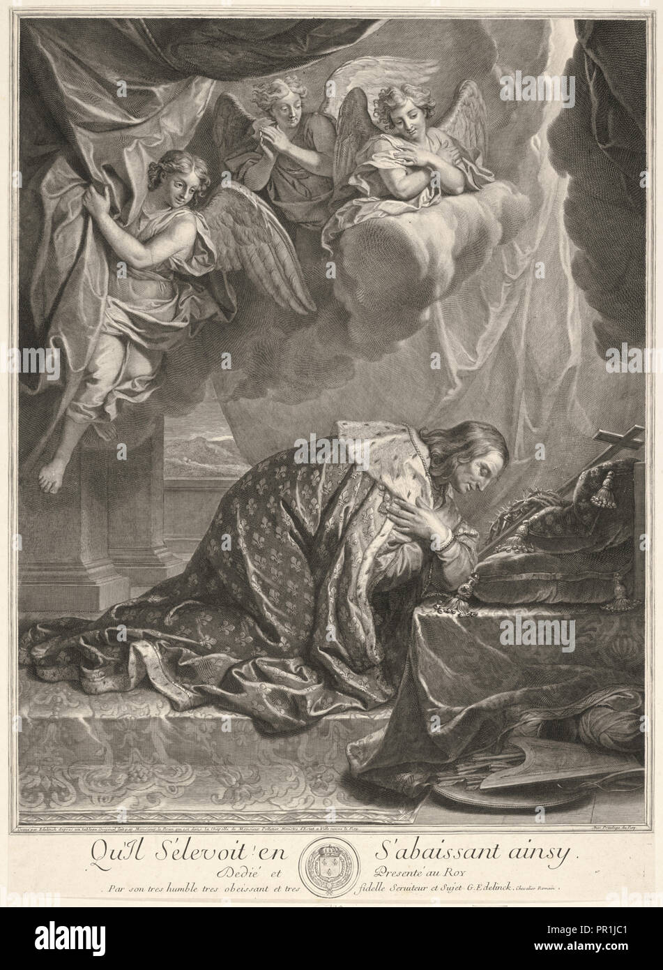 Retrato de San Luis, rey de Francia, Gérard Edelinck, 1640-1707, Charles Le Brun, 1619-1690, grabado en blanco y negro Foto de stock