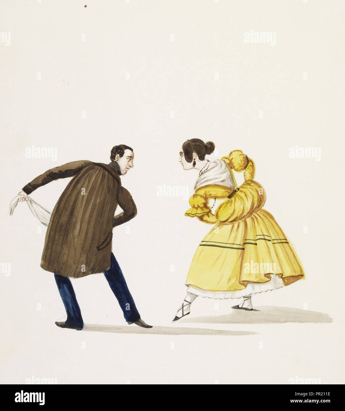 Pareja de baile, trajes de Lima, Perú, acuarela, ca. En 1860, el hombre y  la mujer, en el pelaje marrón vestido amarillo Fotografía de stock - Alamy