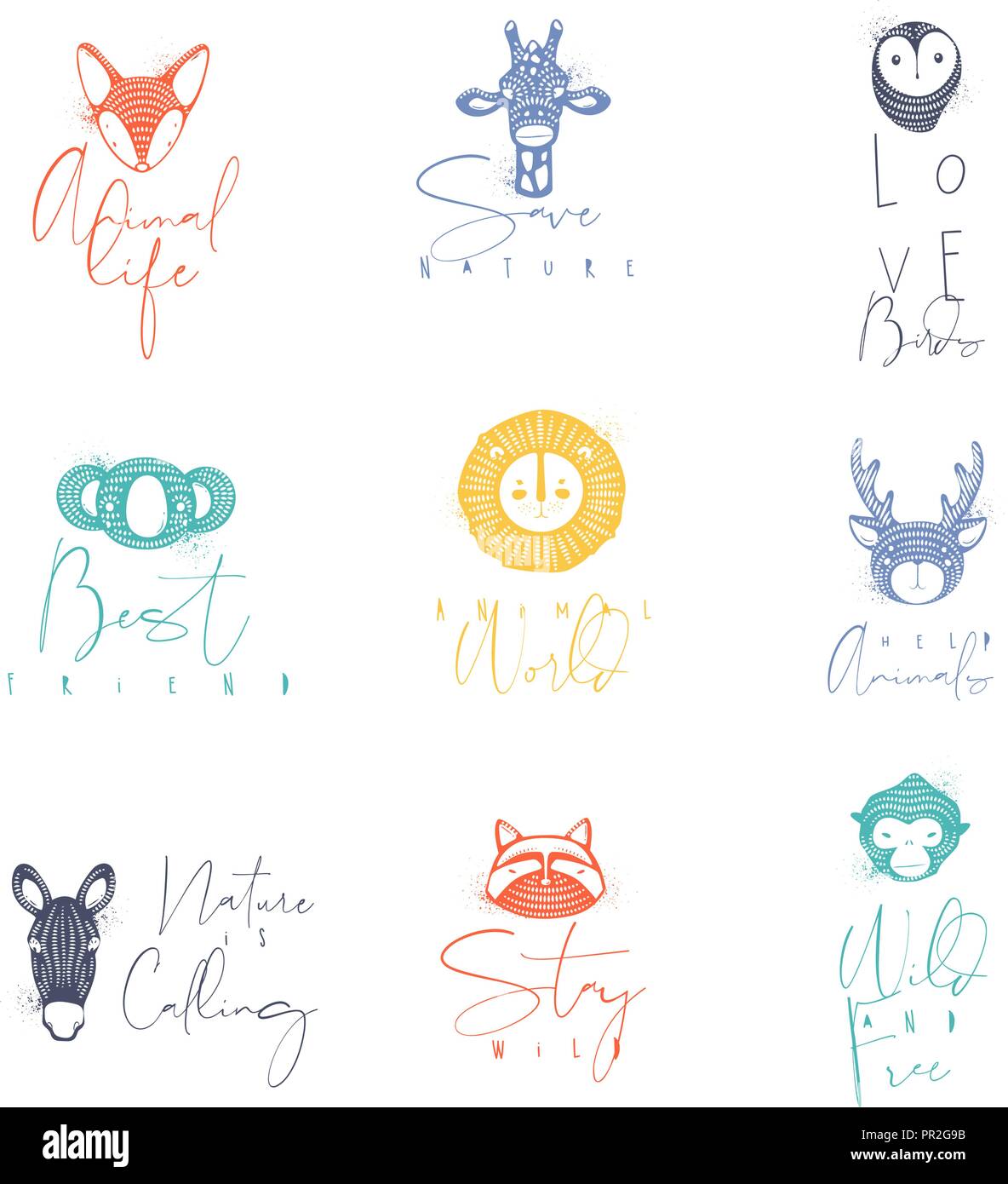 Conjunto de animales auténticos signos gráficos, Fox, Giraffe, Owl, panda, leones, antílopes, caballo, gato, mono con dibujo de letras en diferentes colores. Ilustración del Vector