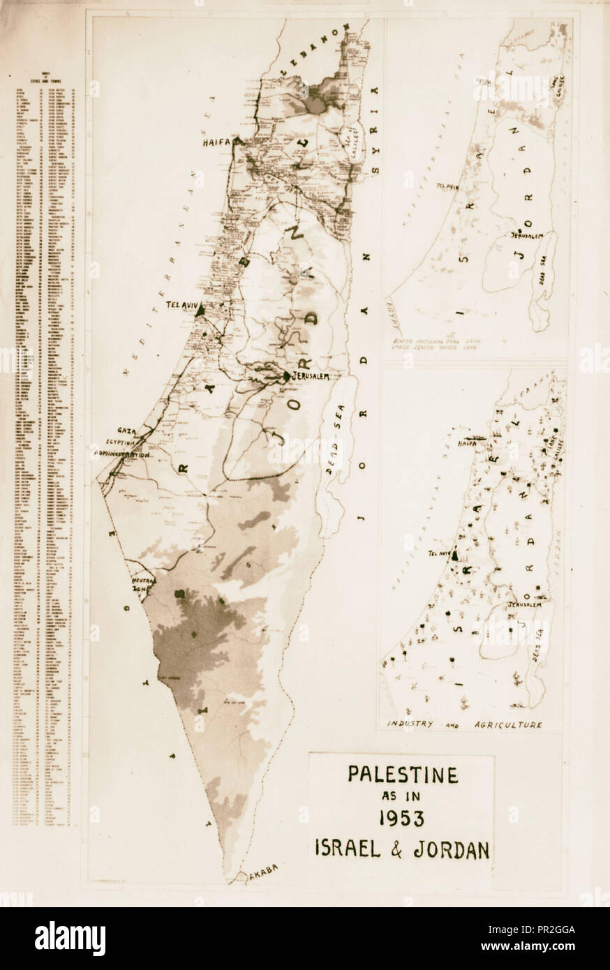 Palestina e "Israel" temas de 1953. Mapa de Palestina en 1953. 1953 Foto de stock