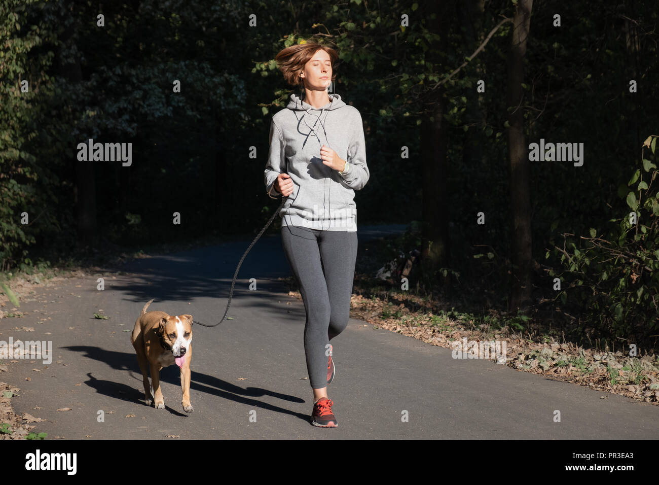Mujer con perro de footing en un parque. Las hembras jóvenes de persona con pet haciendo ejercicio, corriendo en el bosque Foto de stock