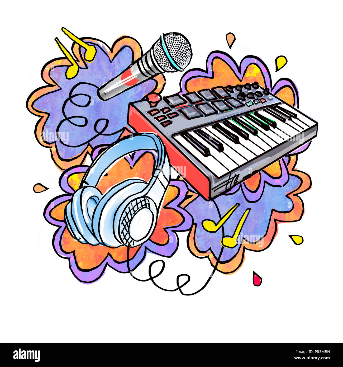Collage de estilo de dibujos animados sobre el tema de la música.  Composición aislados sobre un fondo blanco. Ilustración - adhesivo,  impresión Fotografía de stock - Alamy