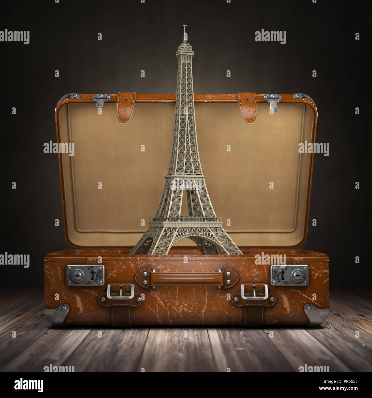 Viaje a París. Los viajes o el turismo a Francia concepto. Torre Eiffel y  vintage maleta. Ilustración 3d Fotografía de stock - Alamy