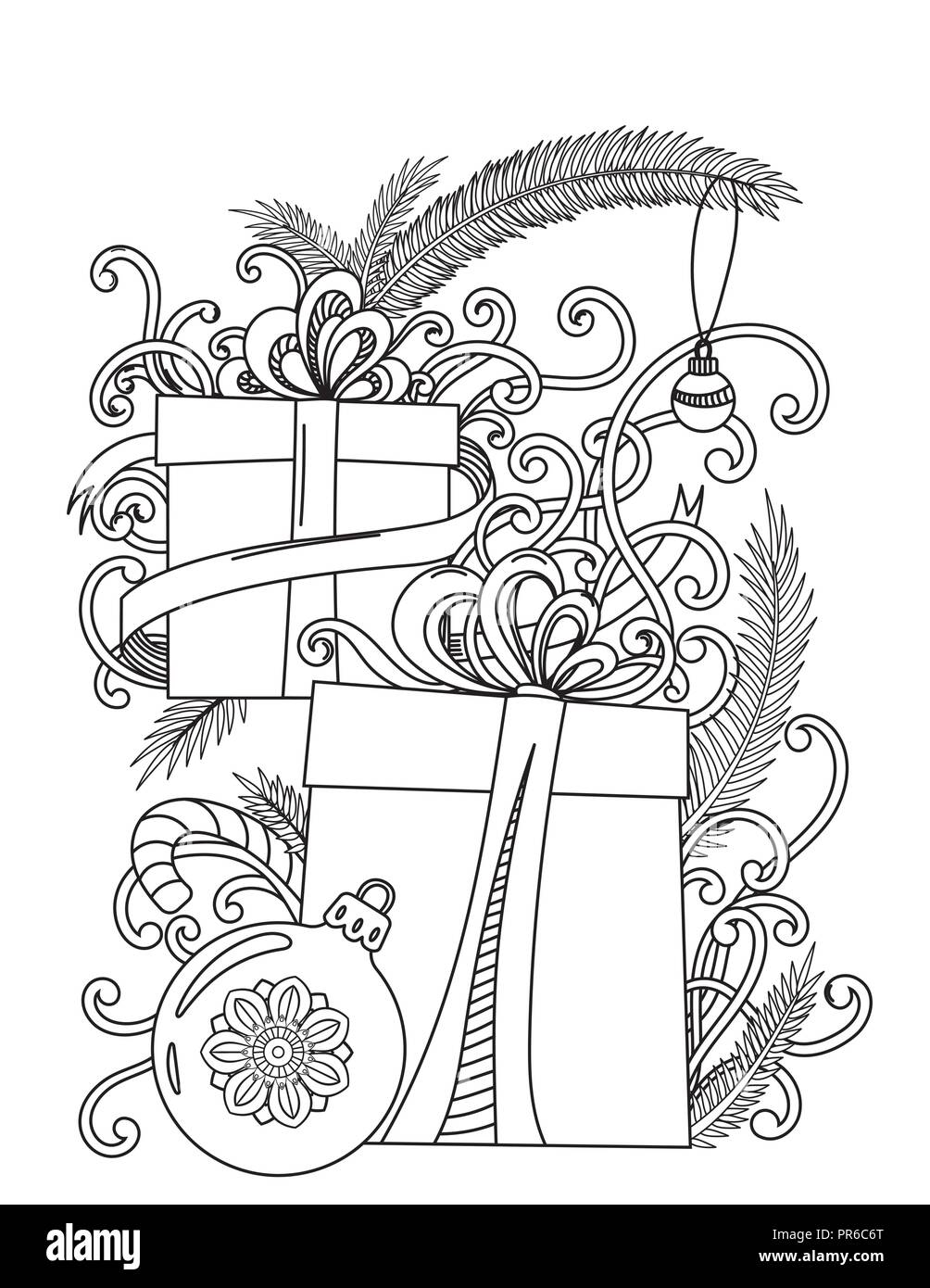 Página para colorear de Navidad. Libro para colorear de adultos. Regalos y decoración. Ilustración vectorial dibujada a mano. Ilustración del Vector