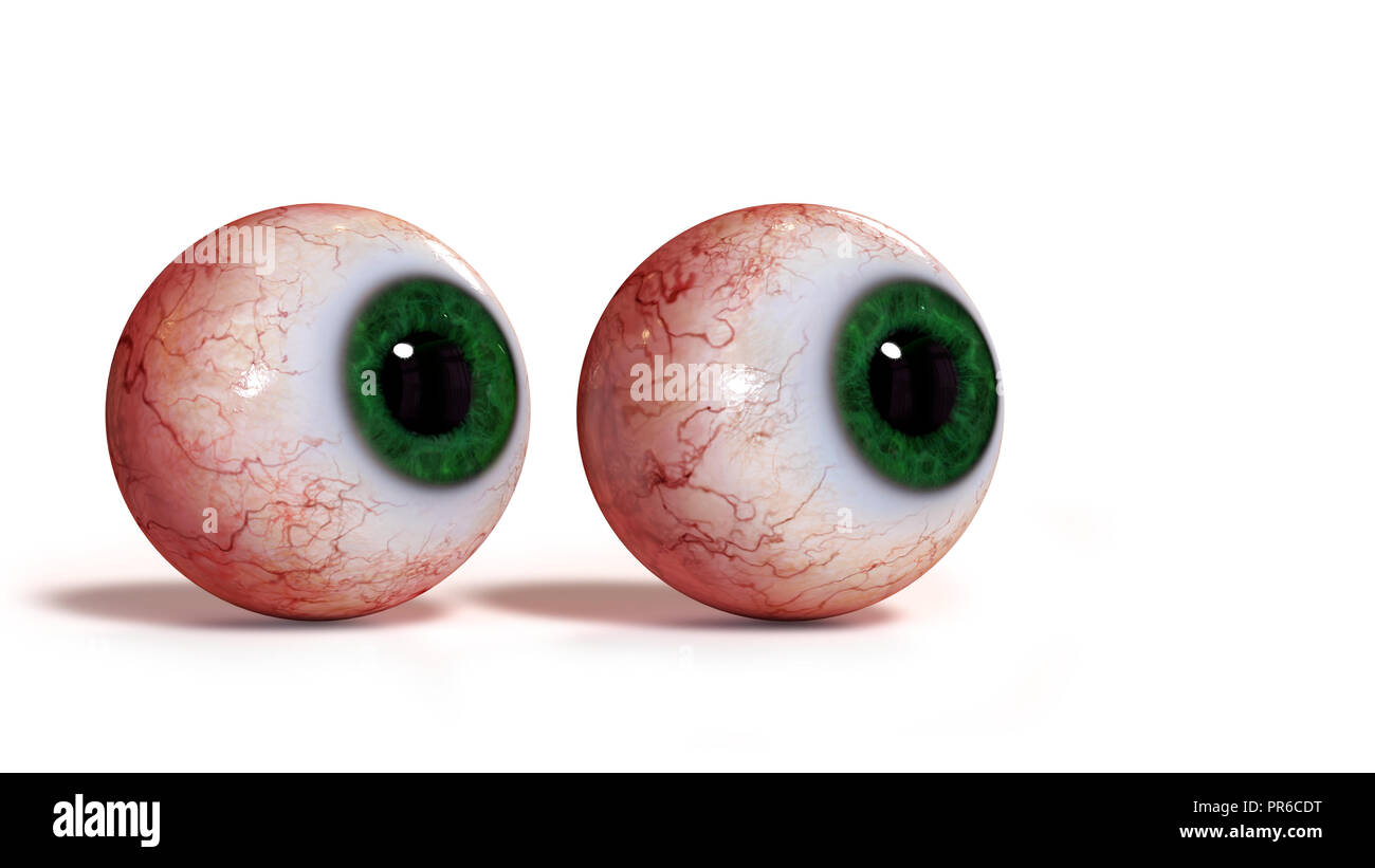 Dos ojos humanos realistas con iris verde, aislado sobre fondo blanco (3D Render) Foto de stock