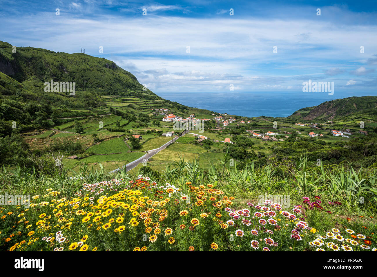 Costa Verde de la isla de Flores, Azores, Portugal Foto de stock