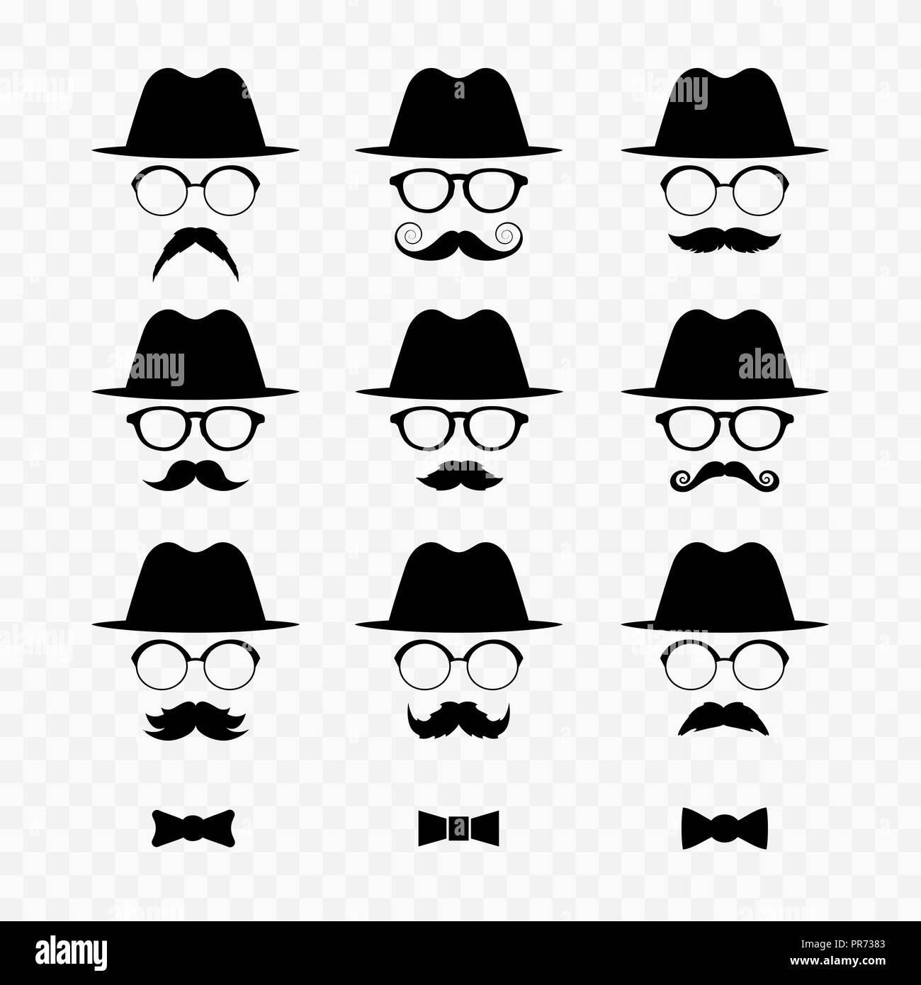 Conjunto de imágenes de hombres con sombreros y bigotes. Ilustración vectorial. Ilustración del Vector