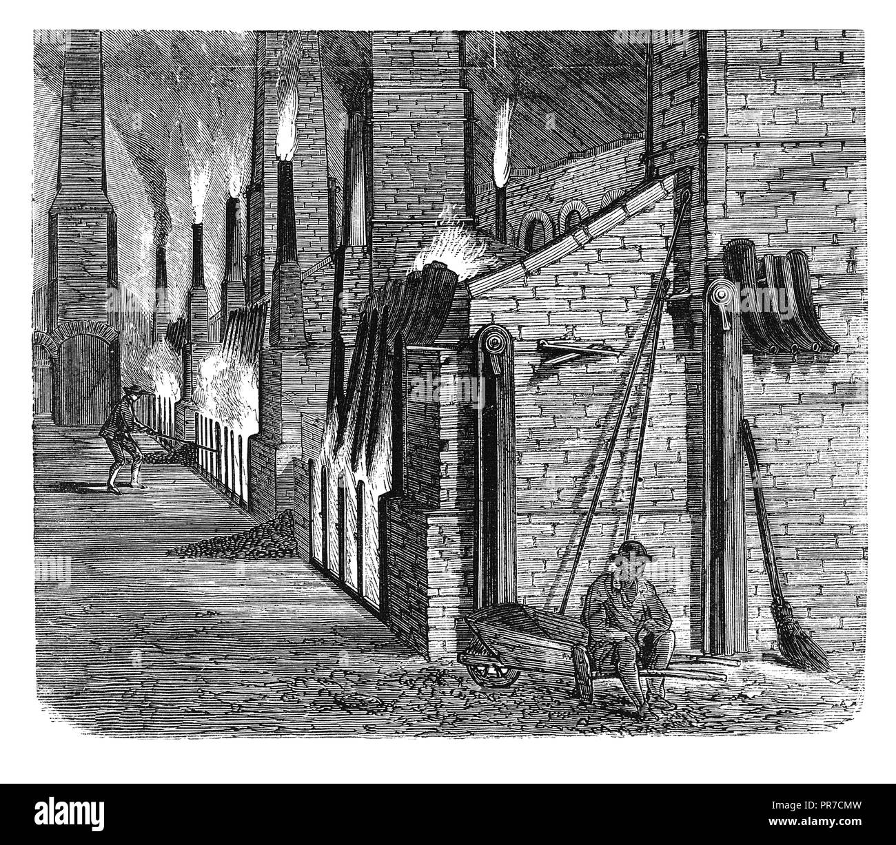 Ilustración del siglo XIX de la Silesia hornos para procesamiento de zinc. Publicado en la revista 'práctica, un ilustrado Cyclopedia de Industrial N Foto de stock