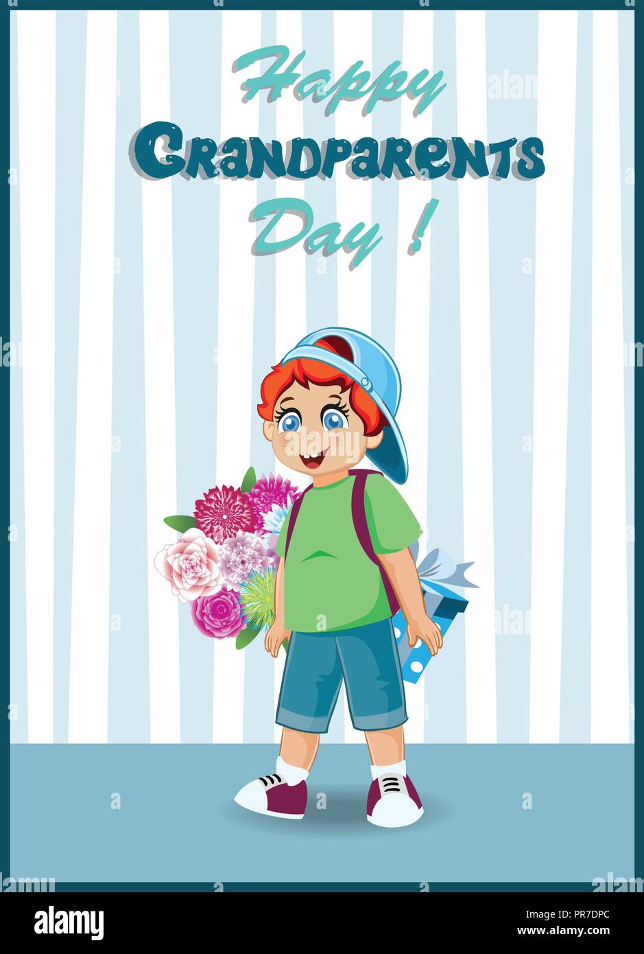 Feliz día de los abuelos tarjeta de felicitación. Ilustración vectorial de  dibujos animados de lindo nieto varón con ramo de flores y caja de regalo  para la abuela y el abuelo en