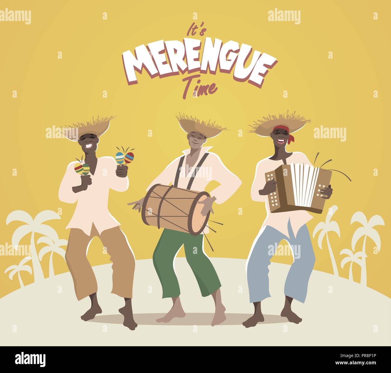 Tres músicos latinos tocando música latina: merengue, salsa, bachata... Ilustración del Vector