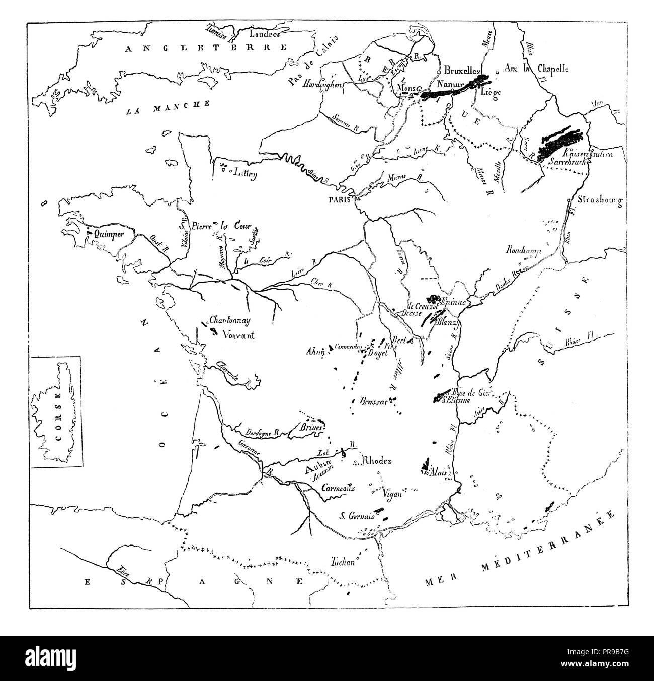 Ilustración del siglo xix del mapa del territorio de carbón de Francia - cuencas son representados por un matiz negro. Ilustración original publicado en Le magasin Pit Foto de stock