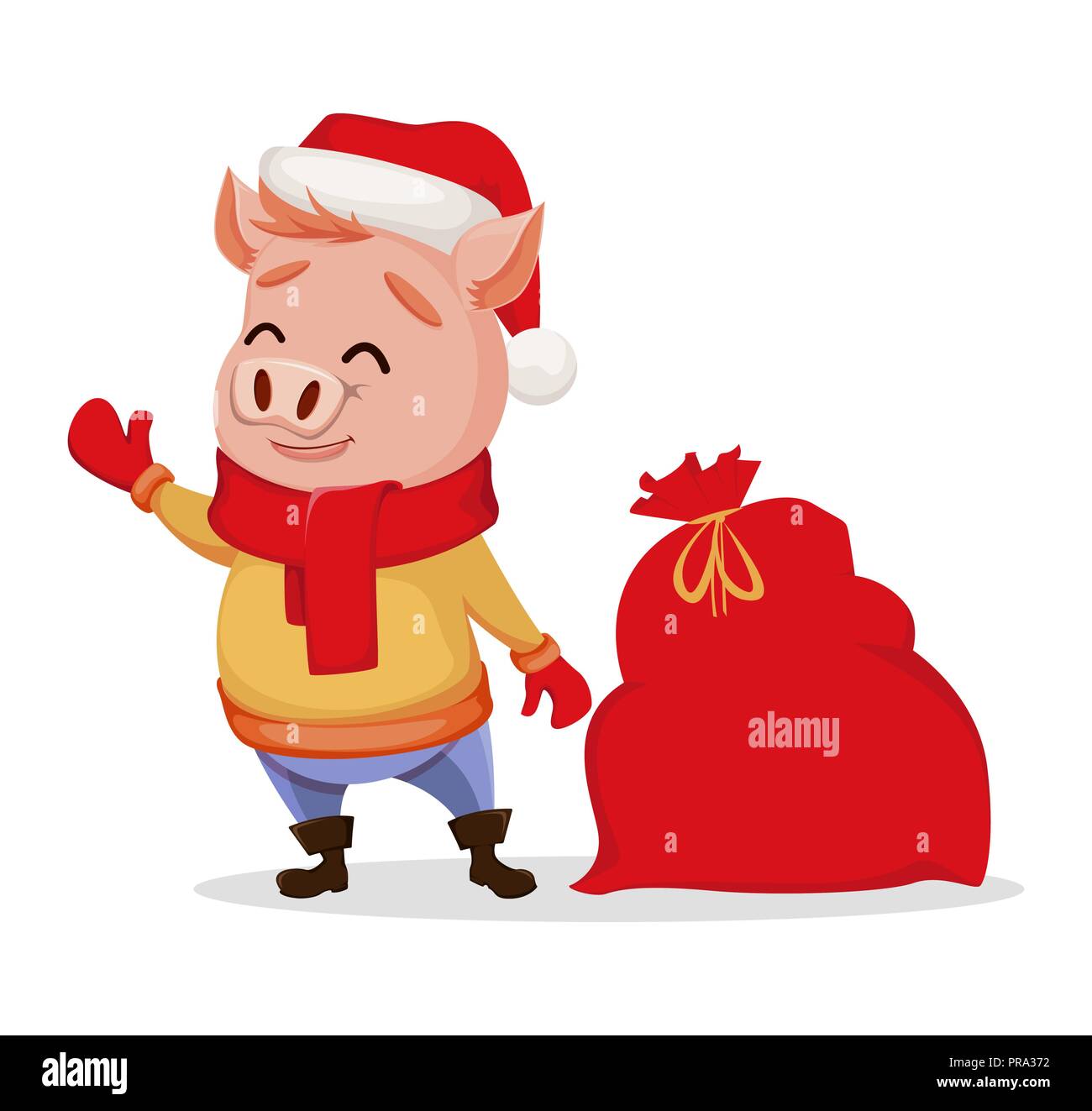 Feliz Navidad. Lindo cerdo vestidos de Santa Claus sombrero y bufanda. Alegre, divertido personaje de dibujos animados de pie cerca de la bolsa con los regalos. Ilustración vectorial Imagen Vector de stock - Feliz Navidad. Lindo cerdo vestidos de Santa Claus sombrero y bufanda. Alegre, divertido personaje de dibujos animados de pie cerca de la bolsa con los regalos. Ilustración vectorial Imagen Vector de stock -