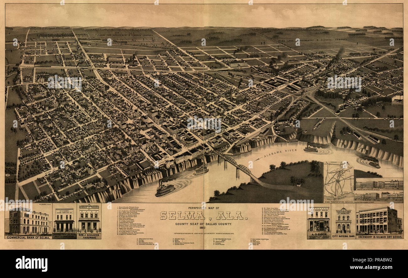 Mapa de perspectiva de Selma, Alabama asiento de condado del condado de Dallas 1887. Foto de stock