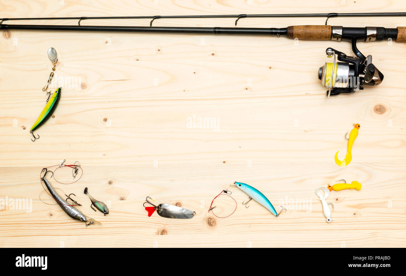 Las artes de pesca. Herramientas para la pesca. Conjunto de pescador  Fotografía de stock - Alamy