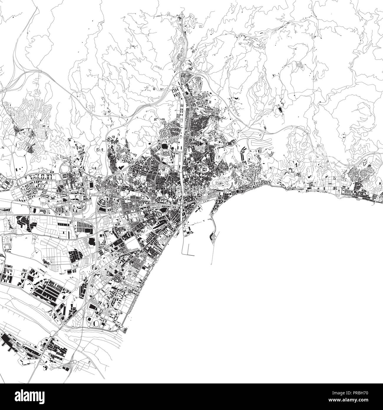 Mapa de Málaga, vista de satélite, mapa en blanco y negro. Callejero y mapa de la ciudad. España Ilustración del Vector