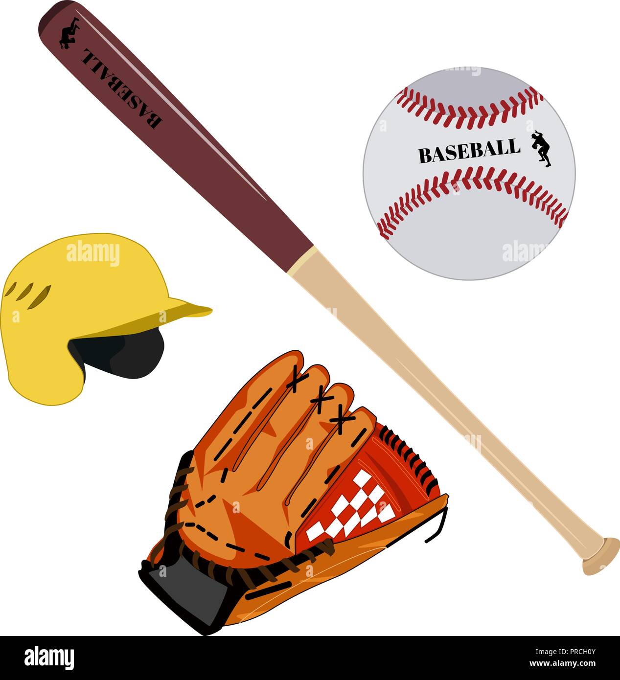 Un guante de béisbol, casco, bate y pelota vector ilustración plana Imagen  Vector de stock - Alamy