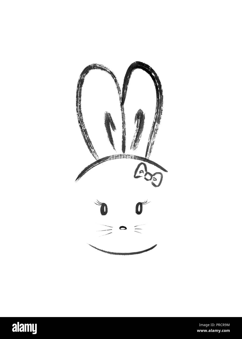 Cute Bunny chica con orejas largas que llevaba un arco. Ilustración estilo kawaii minimalista, el zen japonés Sumi-e ilustraciones aislado sobre fondo blanco. Foto de stock
