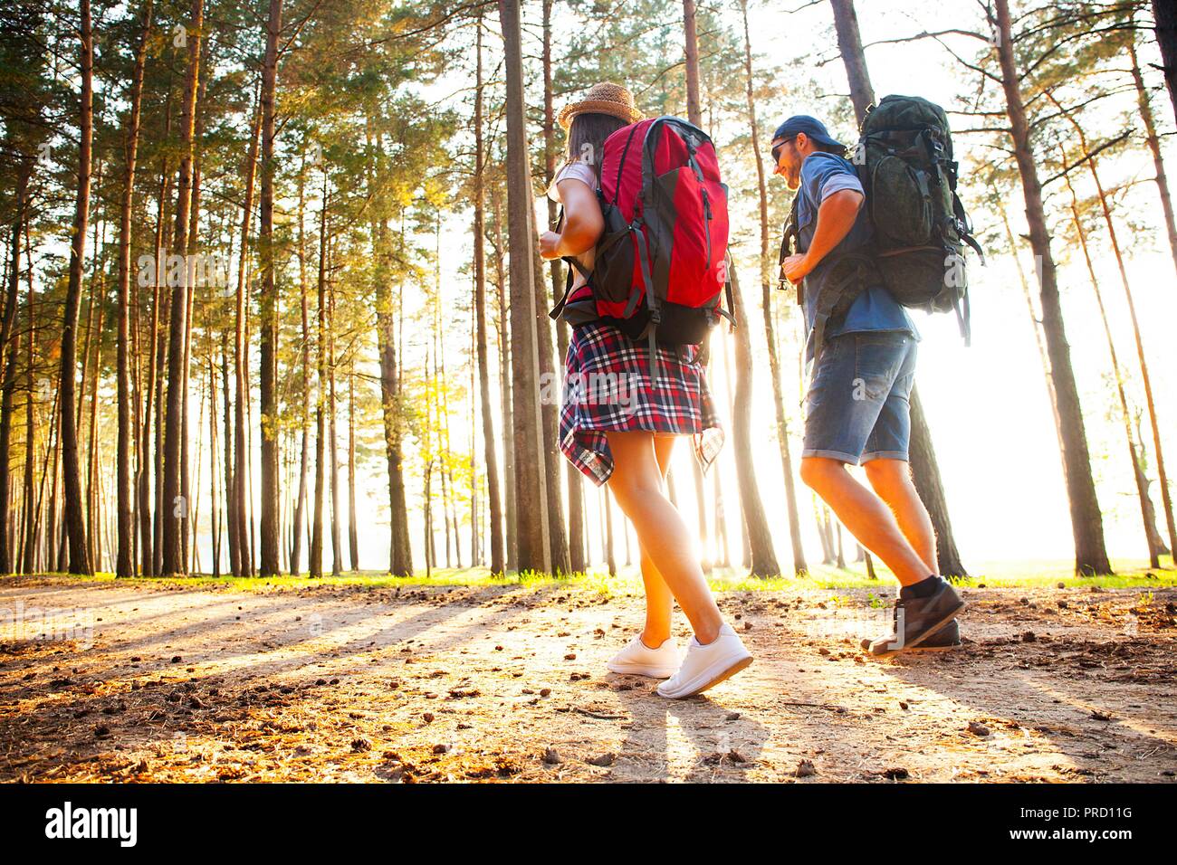 Ruta dura. Hermosa pareja joven senderismo juntos en el bosque mientras disfruta de su viaje. Foto de stock