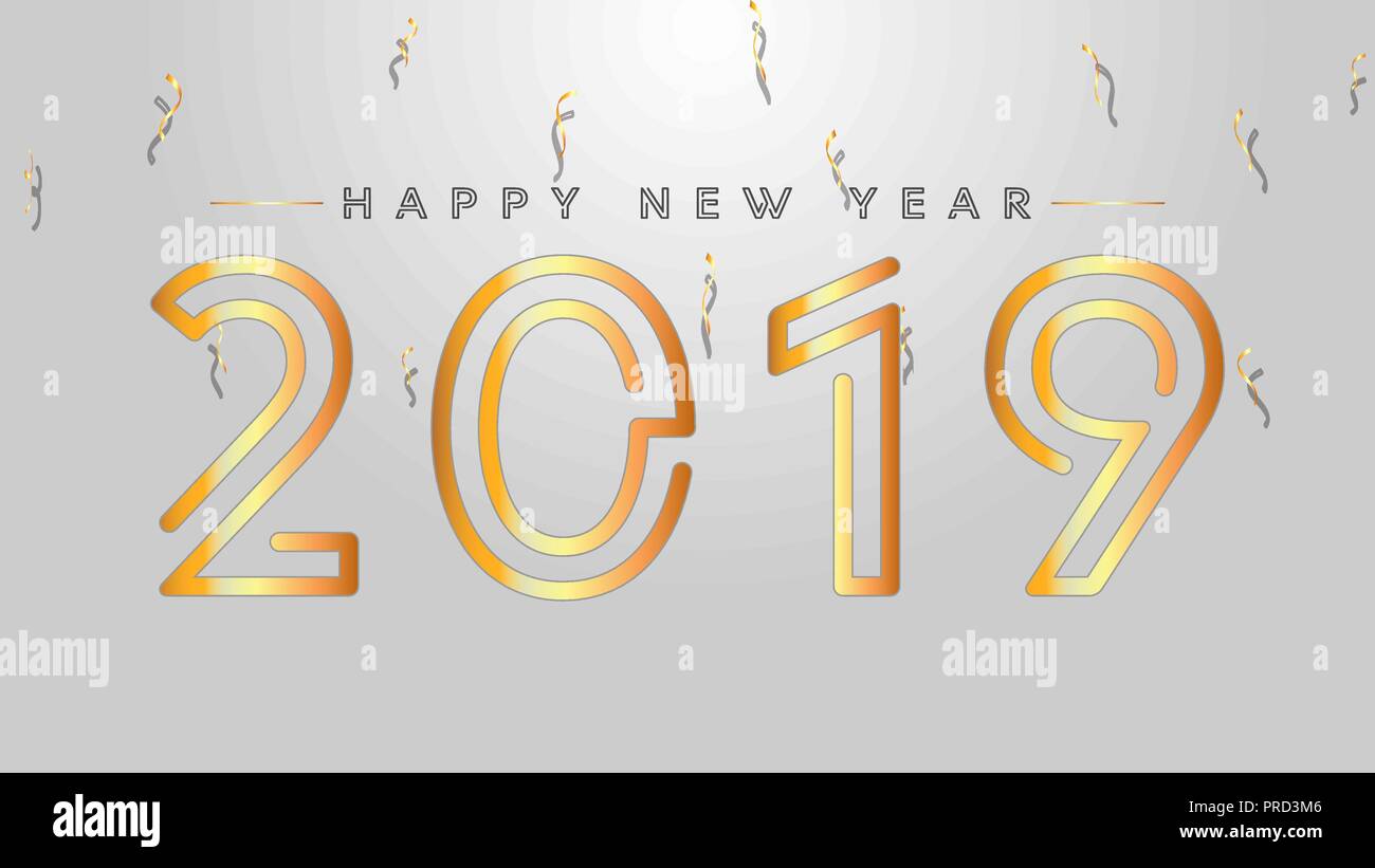 2019 Feliz Año Nuevo fondo con Texto Áureo y confeti. Colores dorado y negro. Ilustración del Vector