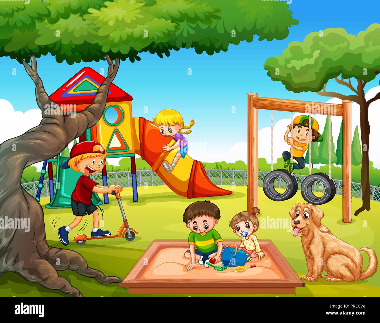 Niños jugando en el parque infantil ilustración Imagen Vector de stock -  Alamy