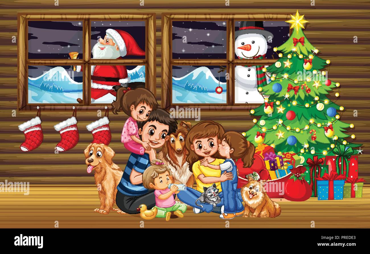 Navidad en familia en el salón con la ilustración de árbol Imagen Vector de  stock - Alamy