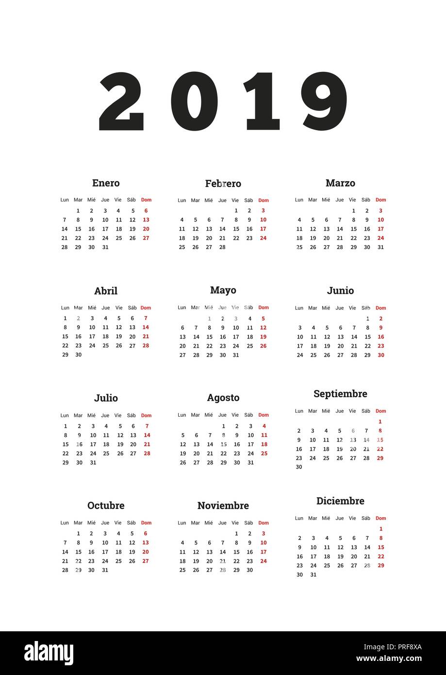 Calendario 2019 en español Imágenes recortadas de stock - Alamy